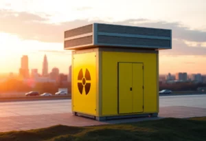Illustration of a small modular reactor with Charlotte skyline