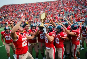 Duke University football players celebrating their ACC championship victory.