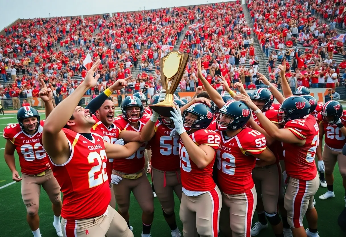 Duke University football players celebrating their ACC championship victory.