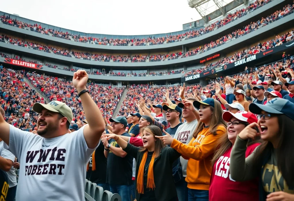 Fans cheering at the Duke's Mayo Bowl between Wake Forest and Mississippi State in Charlotte.
