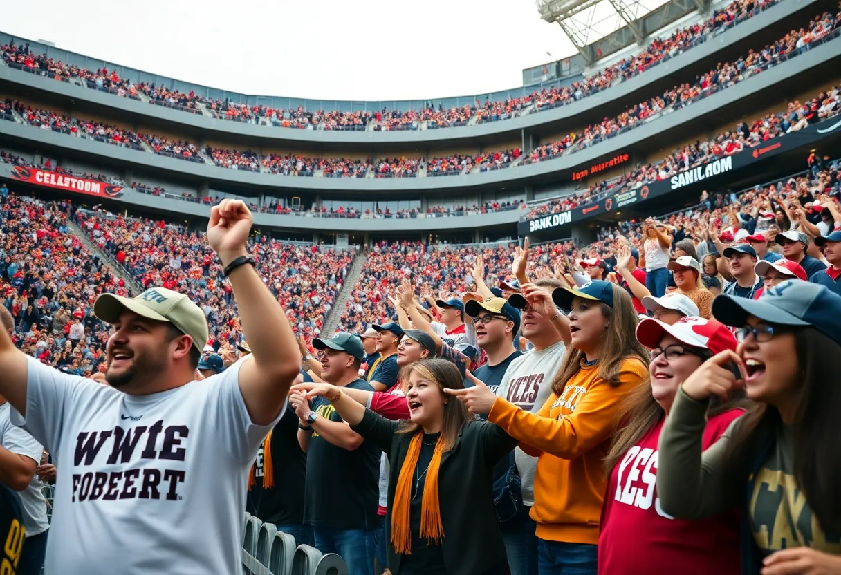 Fans cheering at the Duke's Mayo Bowl between Wake Forest and Mississippi State in Charlotte.