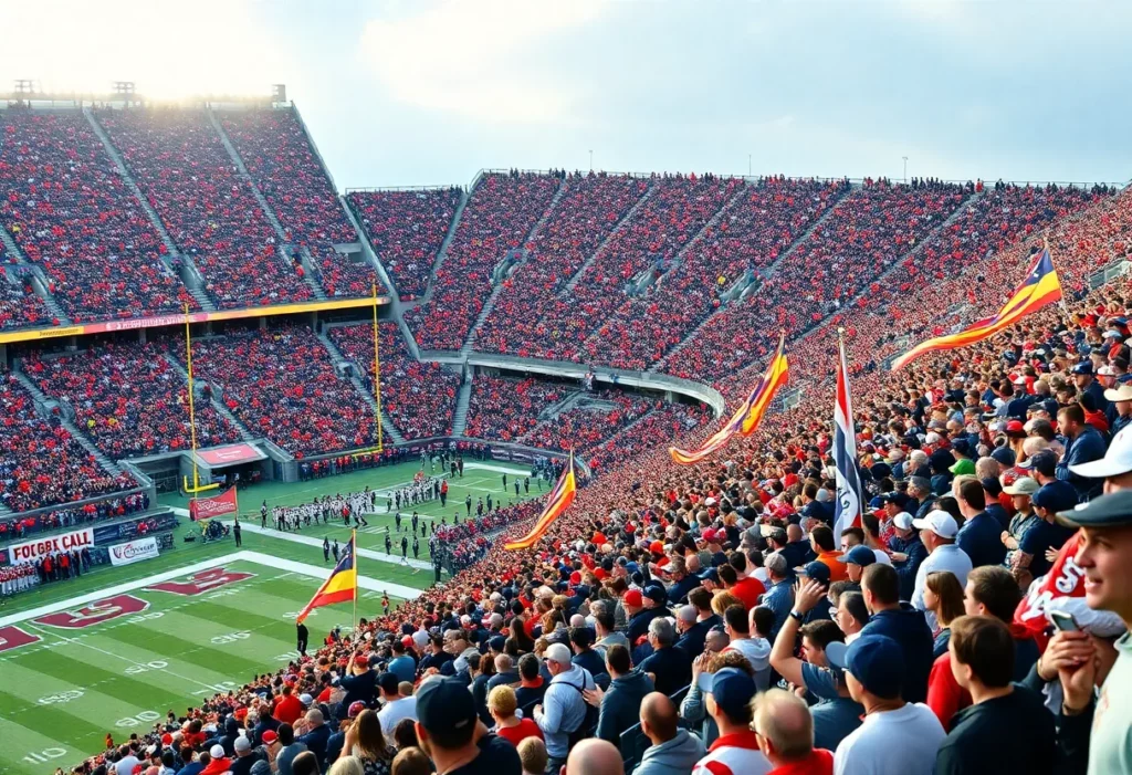 Fans cheering in a stadium during the Duke's Mayo Bowl