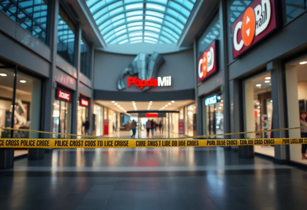 Scene of the Eastridge Mall shooting showing damaged doors