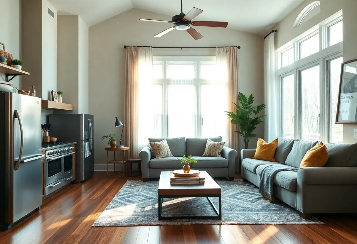 A warm and inviting living room showcasing energy-saving tips for winter in Charlotte.