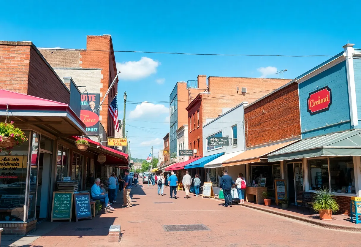 Vibrant street scene of small businesses in Columbia, SC.