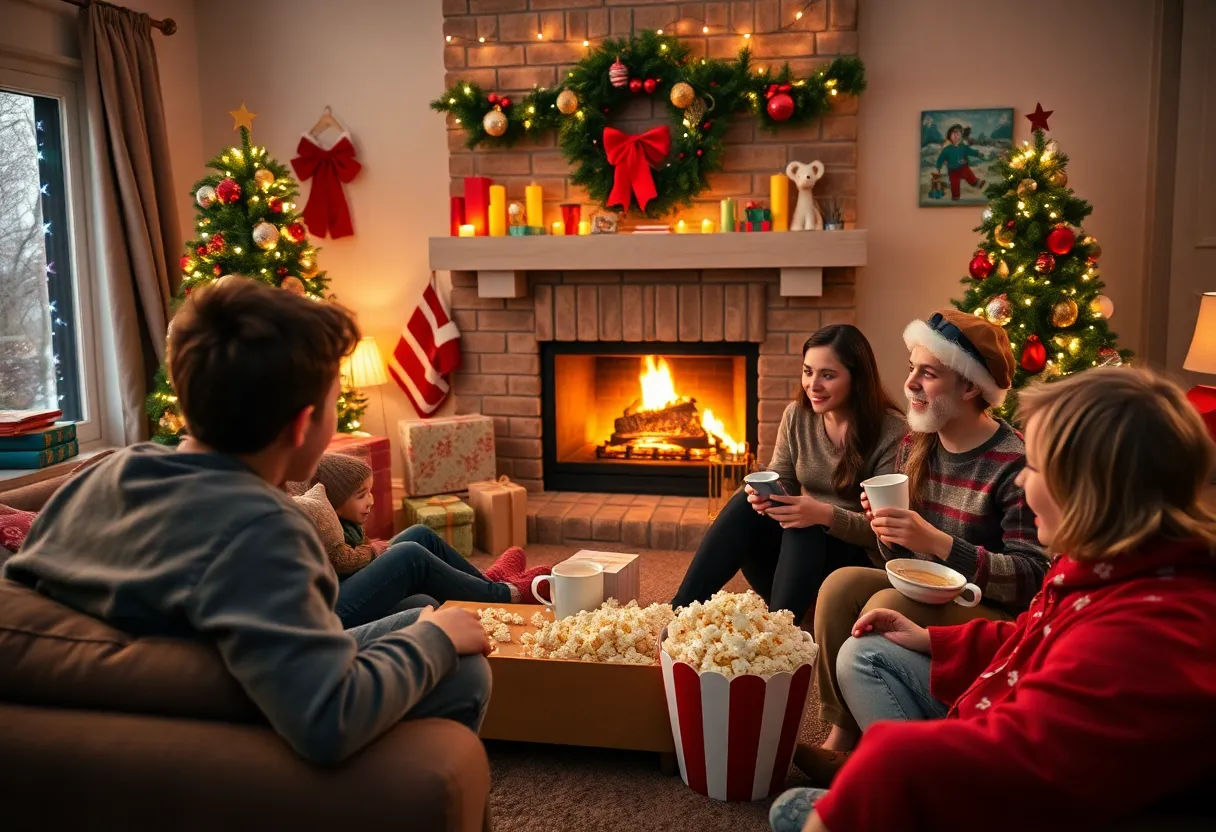 Families watching classic Christmas movies together during the festive season in a cozy living room.