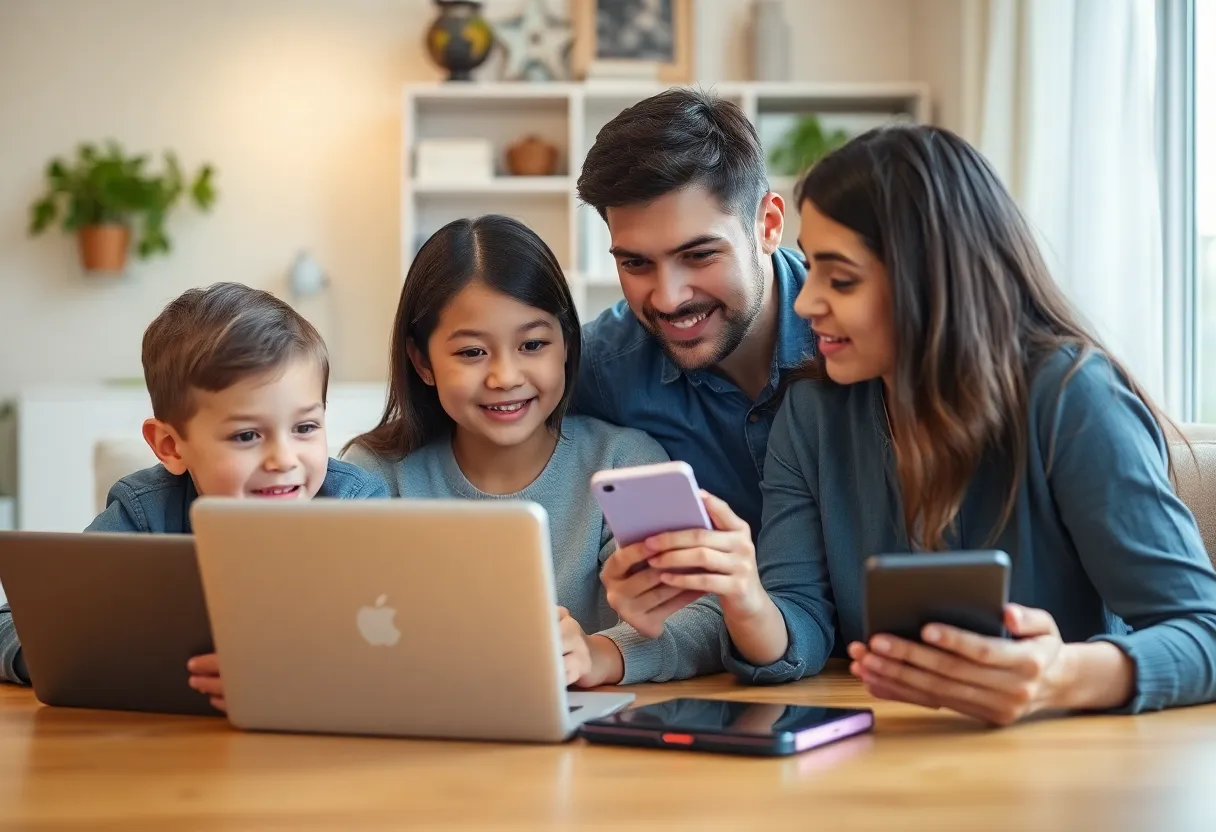 A family discussing online safety around electronic devices during the festive season.