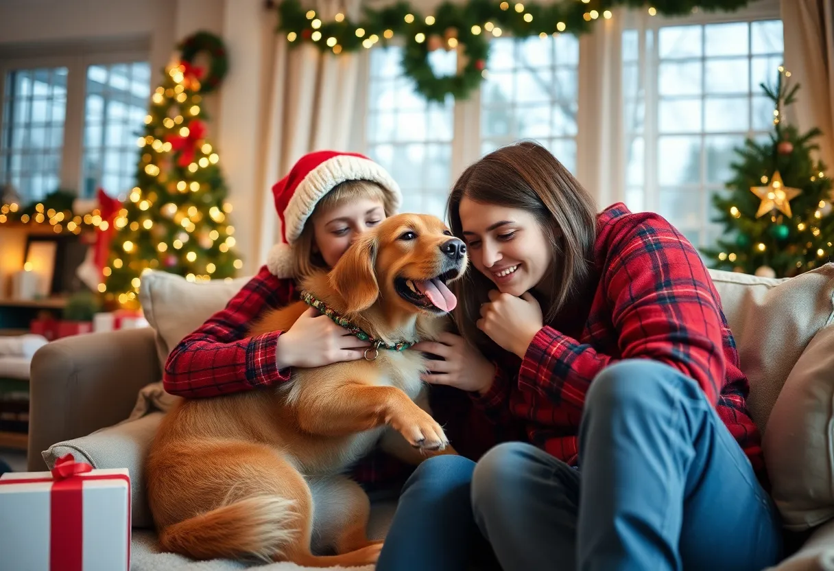 Family celebrating holidays with their pet in a cozy home