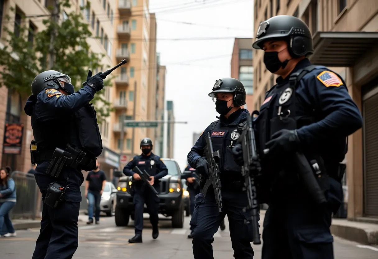 Law enforcement officers conducting an immigration arrest operation in an urban area.