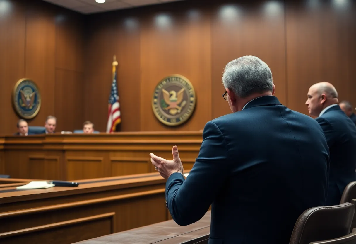 Courtroom setting with a judge addressing federal officials