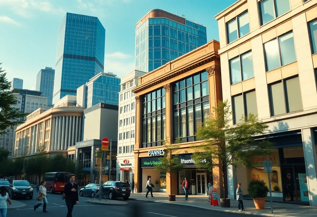 Cityscape illustrating the influence of banking leadership on local economic growth.