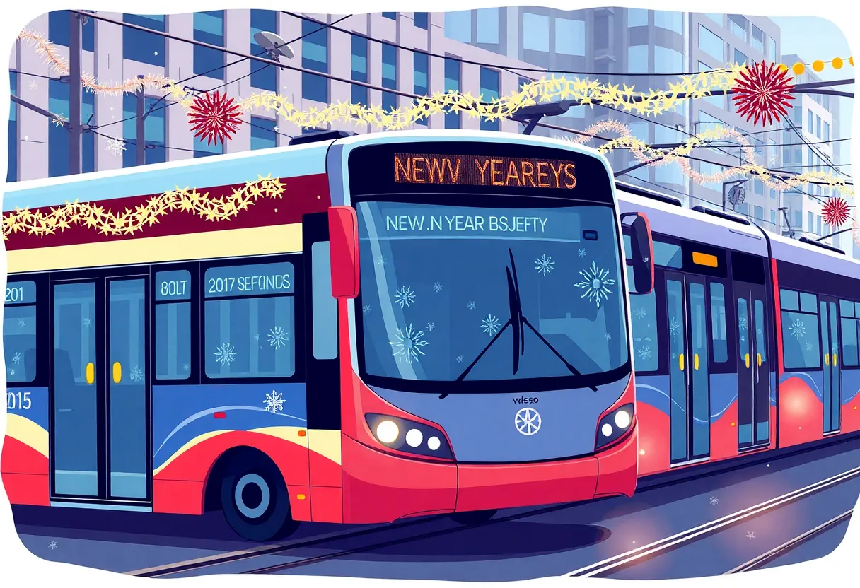 Public transit buses and light rail showcasing the free rides initiative in Charlotte during New Year's Eve.