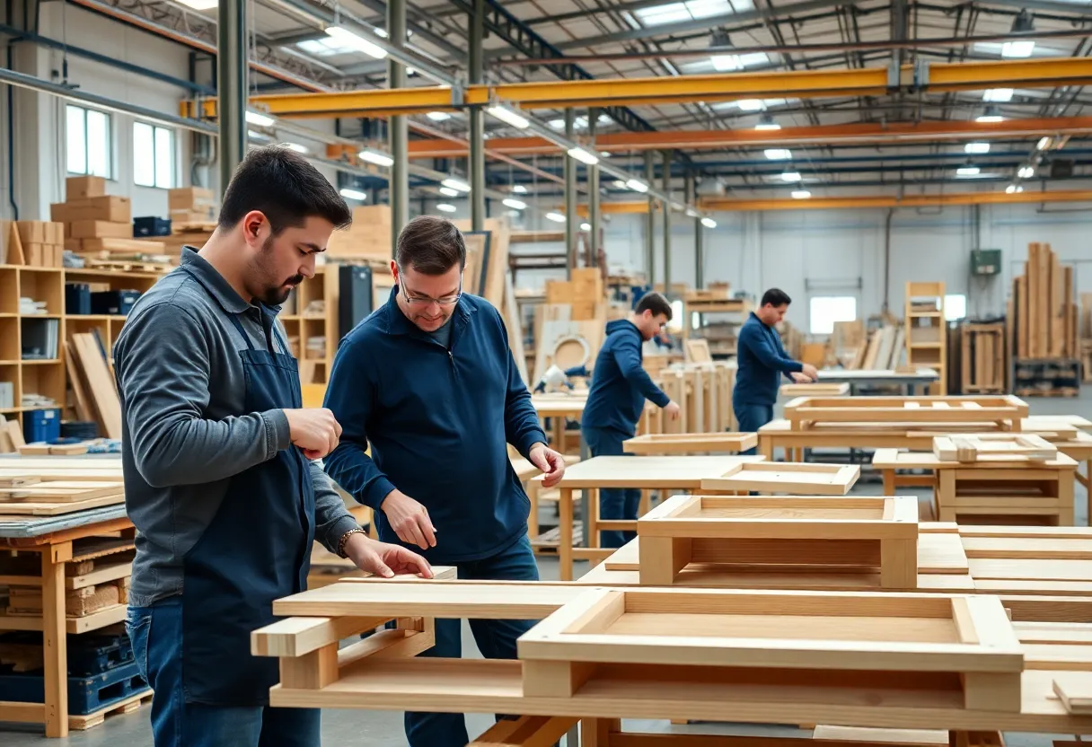 Workers assembling furniture in a new manufacturing facility
