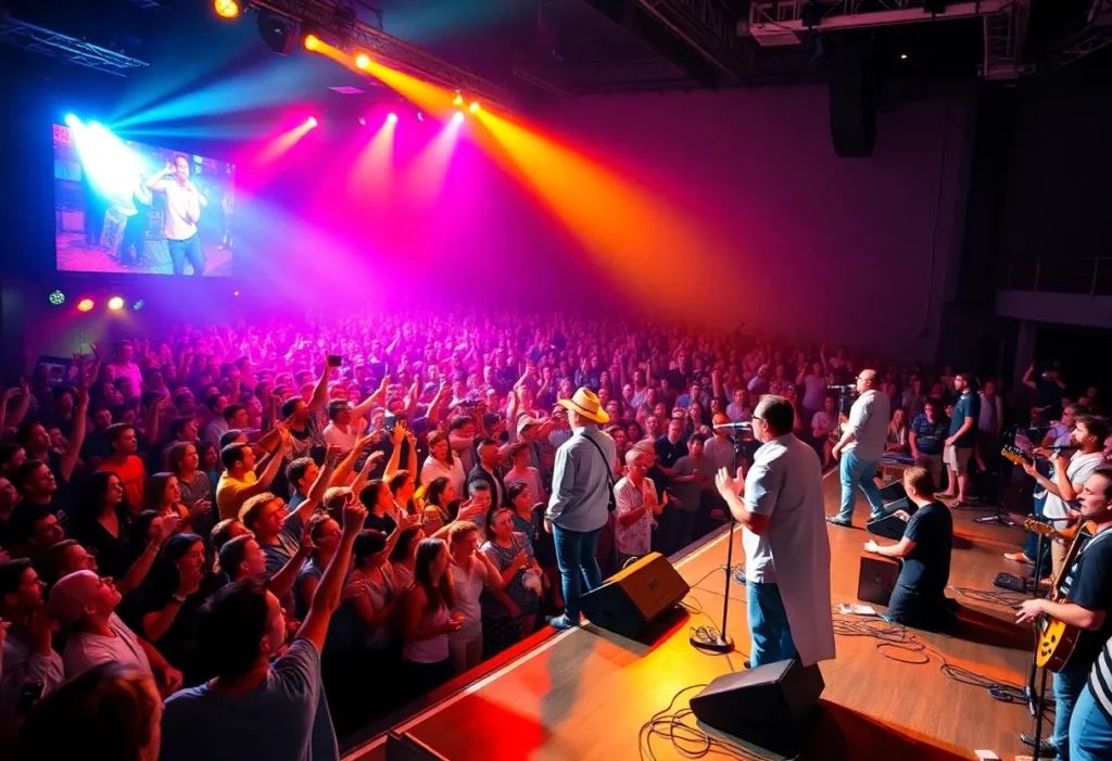 Concert scene with musicians performing live on stage