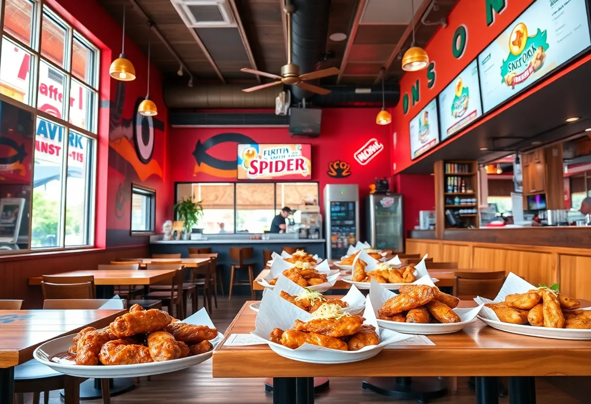 Interior view of Hank's Wings Company with various wing dishes displayed