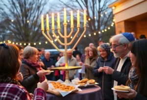 Community members celebrating Hanukkah at Temple Shalom with a menorah lighting.