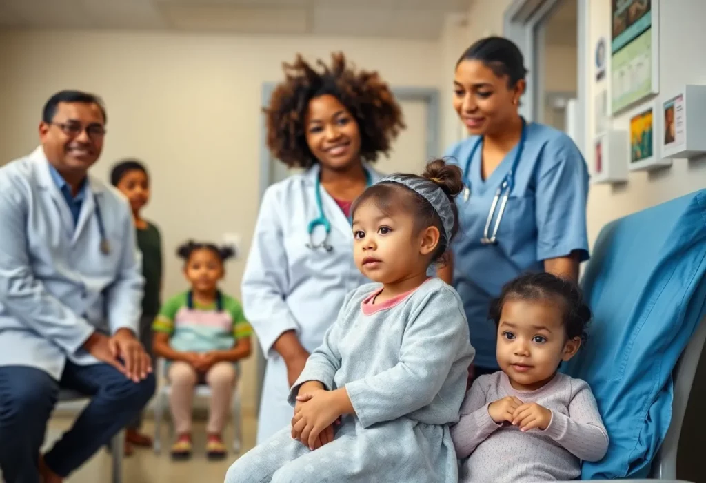 Families expressing concern about healthcare access in a hospital setting