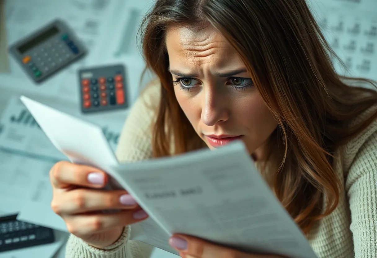A worried individual reviewing credit card bills
