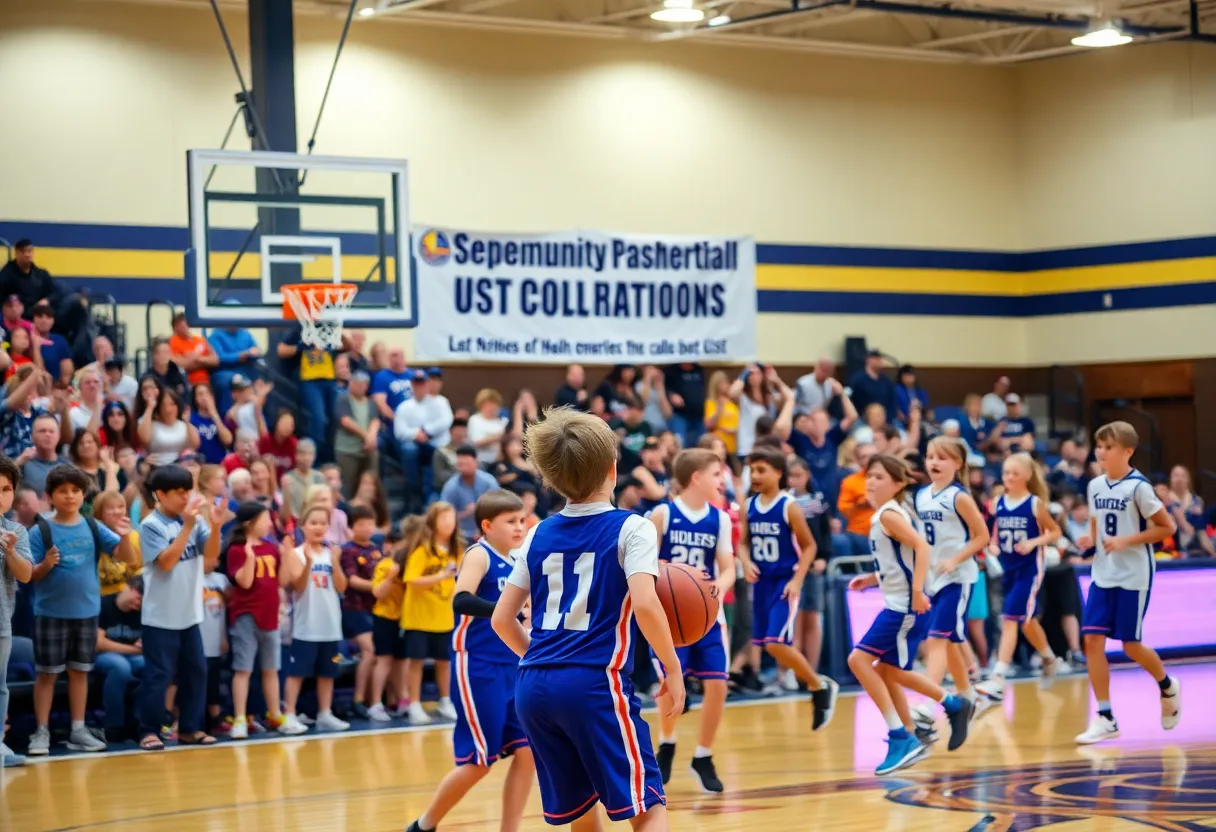 Young athletes competing in a high school basketball game surrounded by cheering spectators.