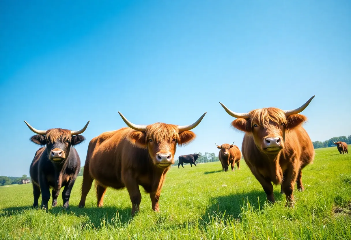 Highland cows grazing on a farm in North Carolina