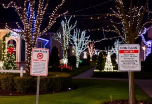 Colorful holiday decorations in a neighborhood with HOA signs