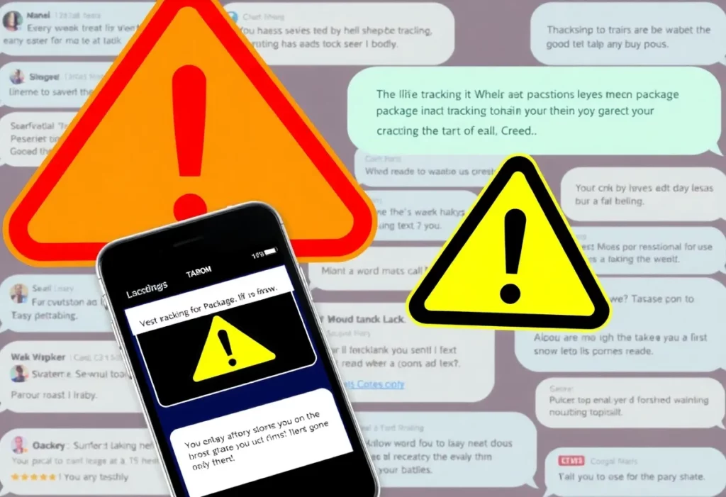 A smartphone showing fake package tracking texts with a warning symbol.