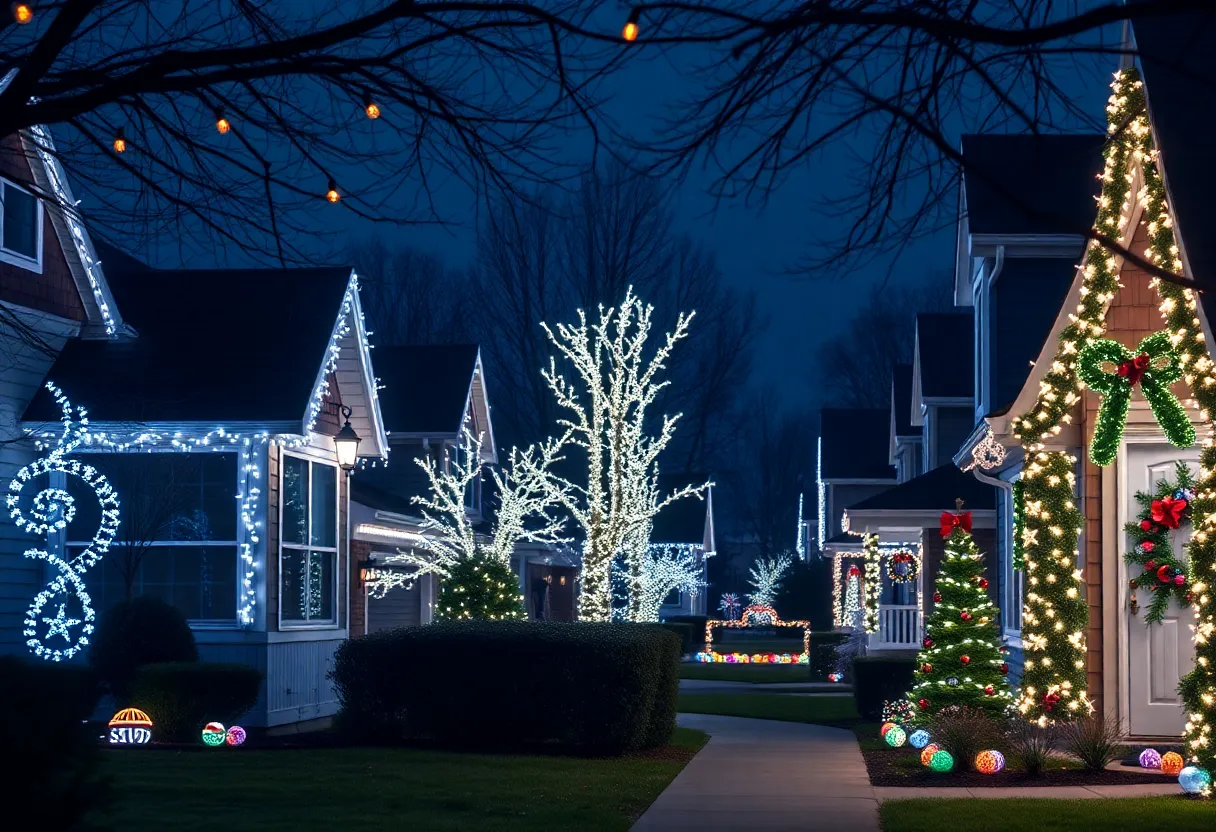 A decorated neighborhood during the holiday season with visible security measures.