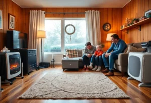Family practicing home heating safety with space heater and smoke alarms