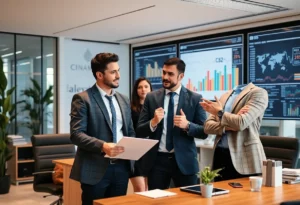 Office scene depicting financial advisors discussing investment strategies