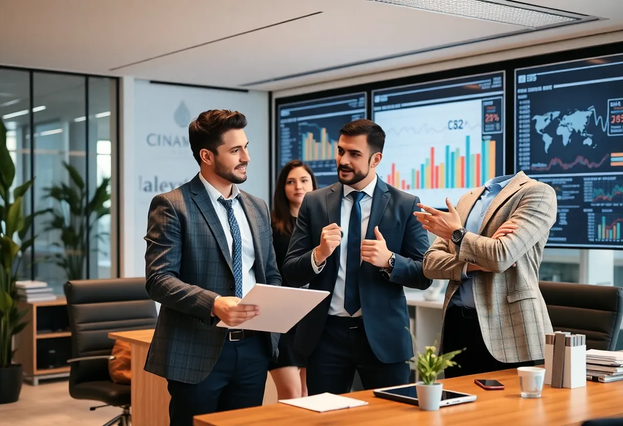 Office scene depicting financial advisors discussing investment strategies