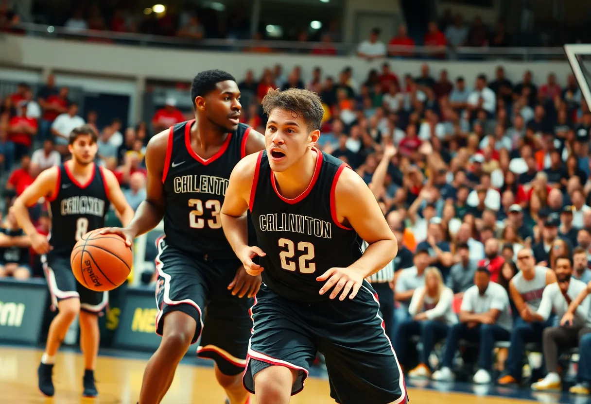 Hornets players celebrating their overtime victory during a basketball game.
