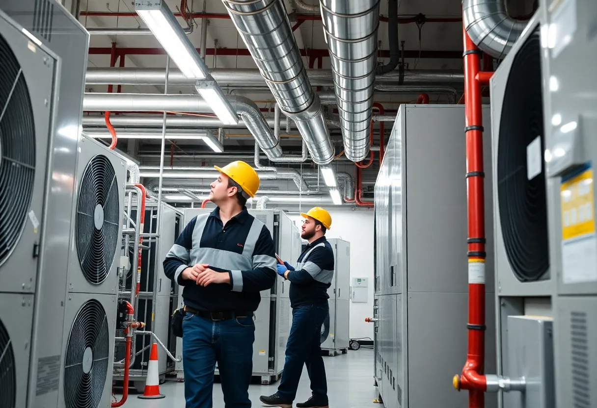 Technicians working in a commercial HVAC facility