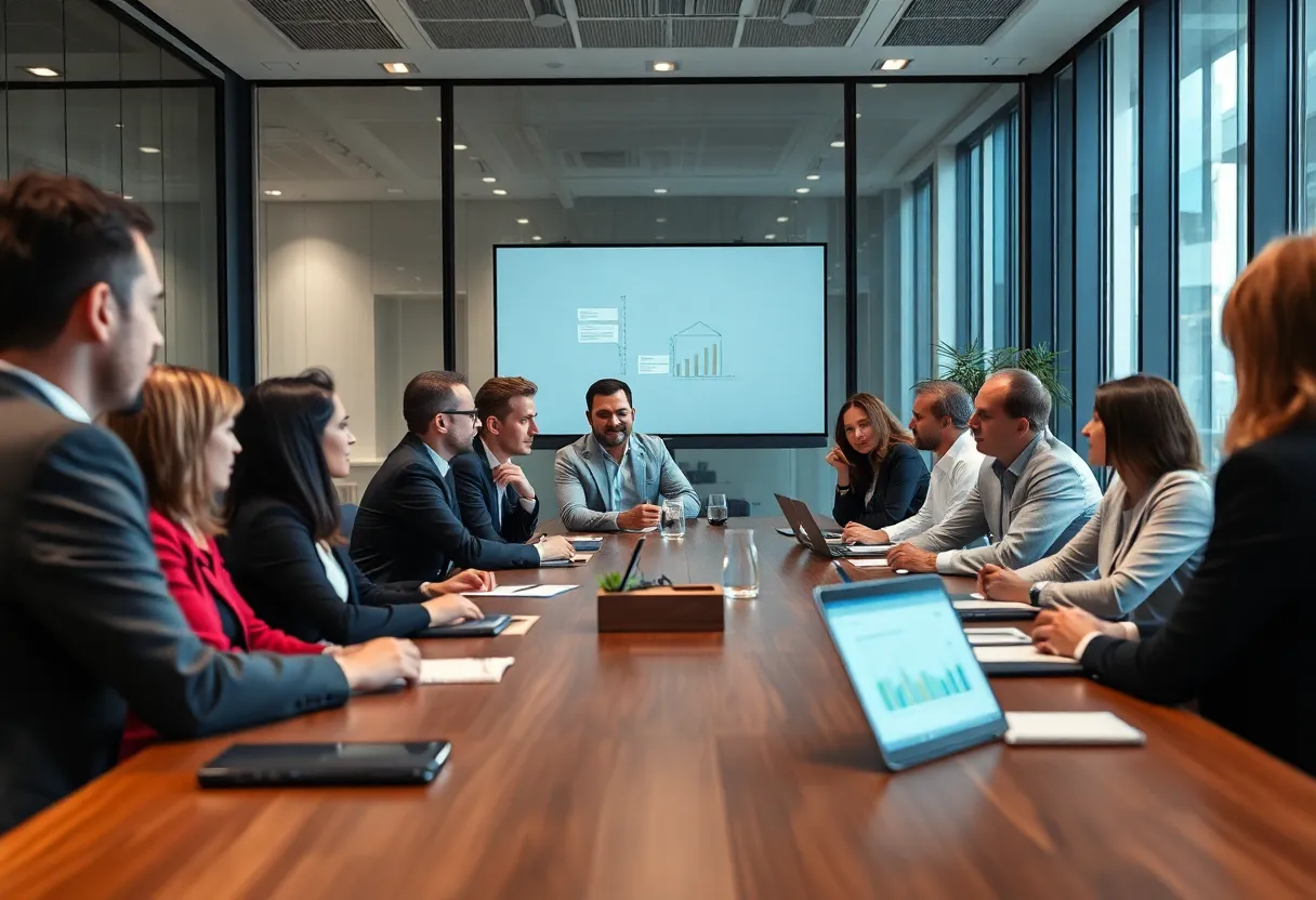 Corporate boardroom with diverse leaders discussing strategies