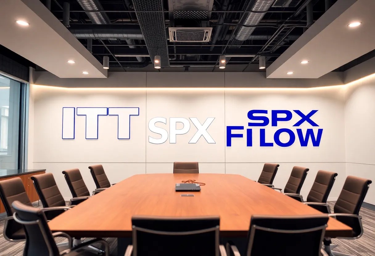 Meeting room image displaying merger logos of ITT Inc. and SPX FLOW