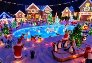 Holiday lights display featuring figurines and festive decorations in Huntersville