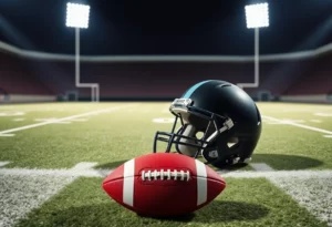 Football field with a helmet and football representing NFL Draft