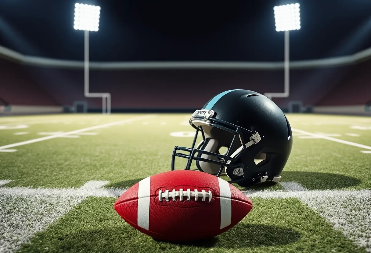 Football field with a helmet and football representing NFL Draft