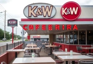 Closed K&W Cafeterias restaurant with empty tables