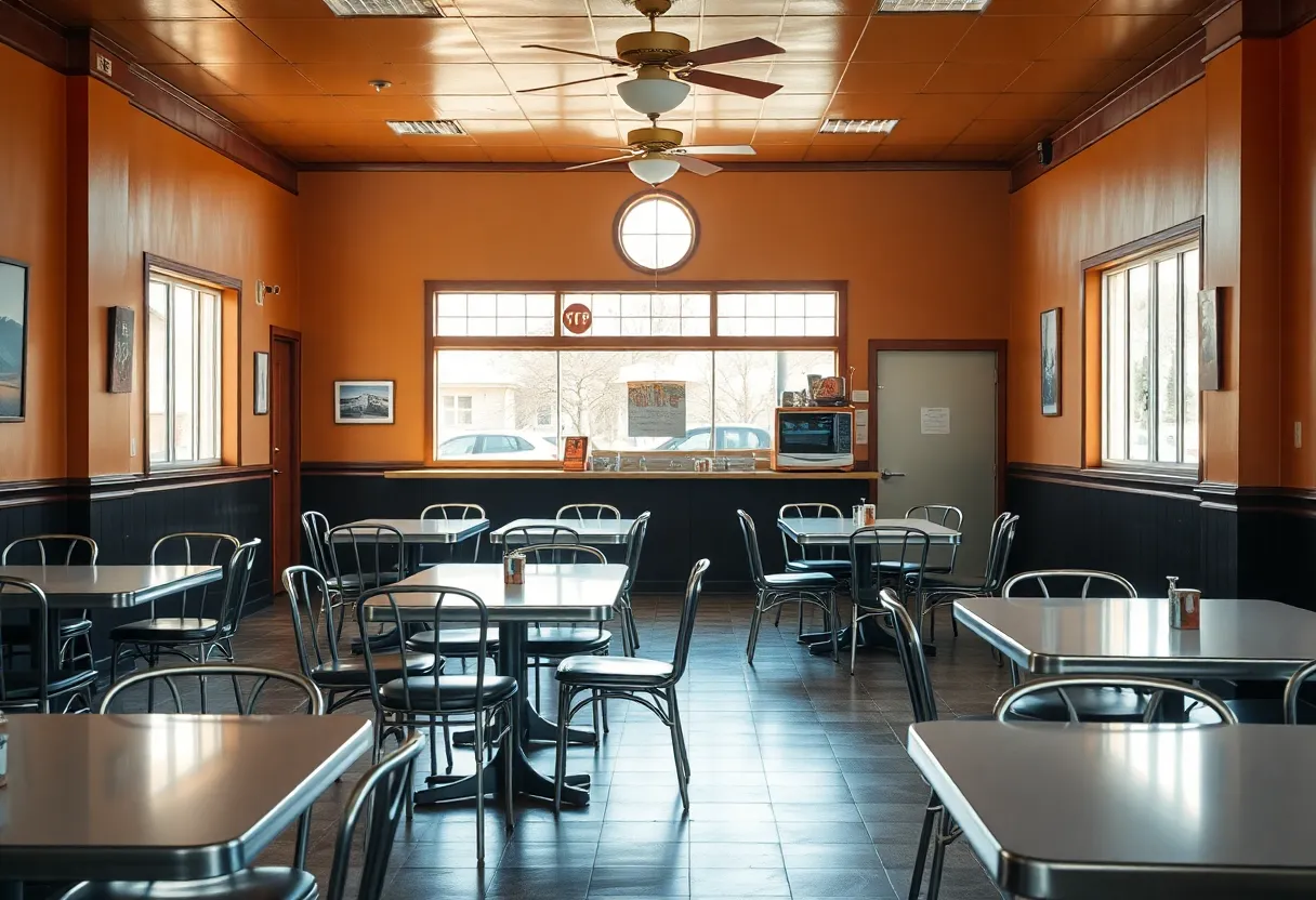 Empty interior of K&W Cafeterias with tables and chairs