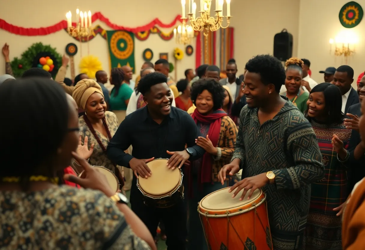 Community members enjoying a Kwanzaa celebration with drumming and dance in Charlotte.