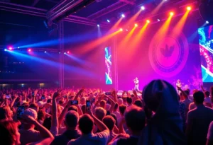 A lively crowd at a country music concert with lights and excitement.