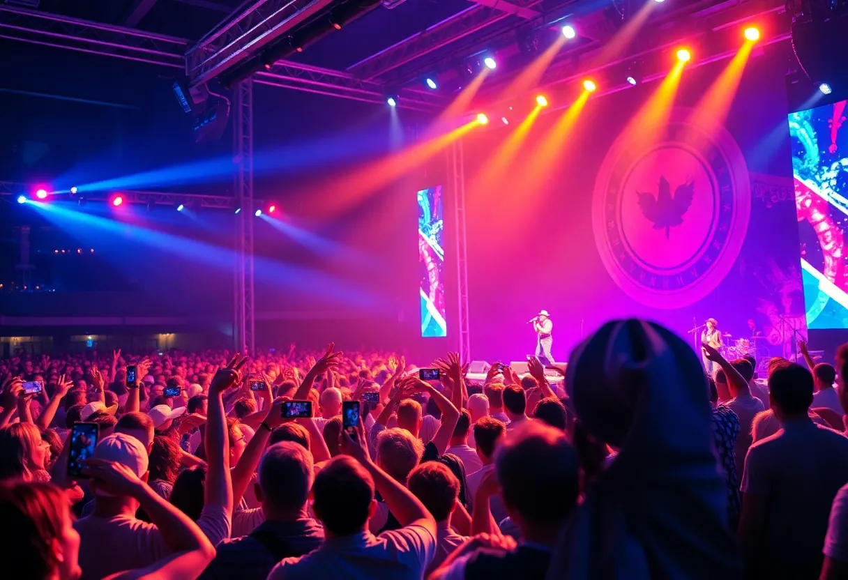 A lively crowd at a country music concert with lights and excitement.