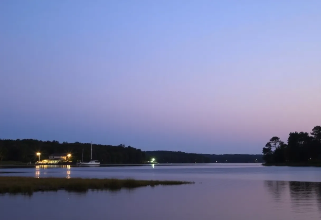 Calm waters of Lake Wylie, South Carolina during twilight