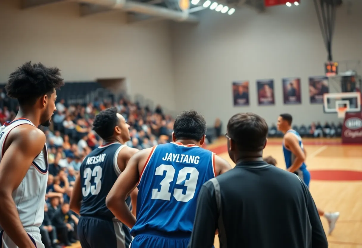 Basketball players competing in a game with a focus on intense action