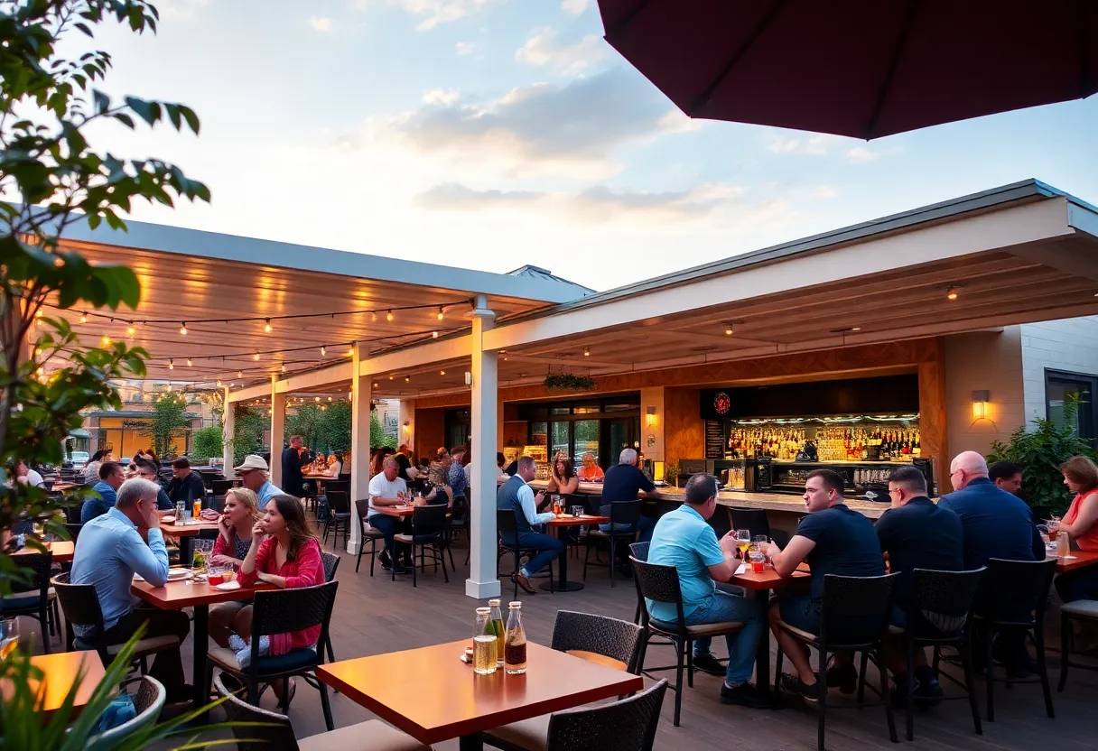 Exterior view of Laurel Park restaurant with patio bar
