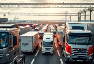 Illustration of a busy logistics hub with trucks and transport vehicles symbolizing freight factoring.