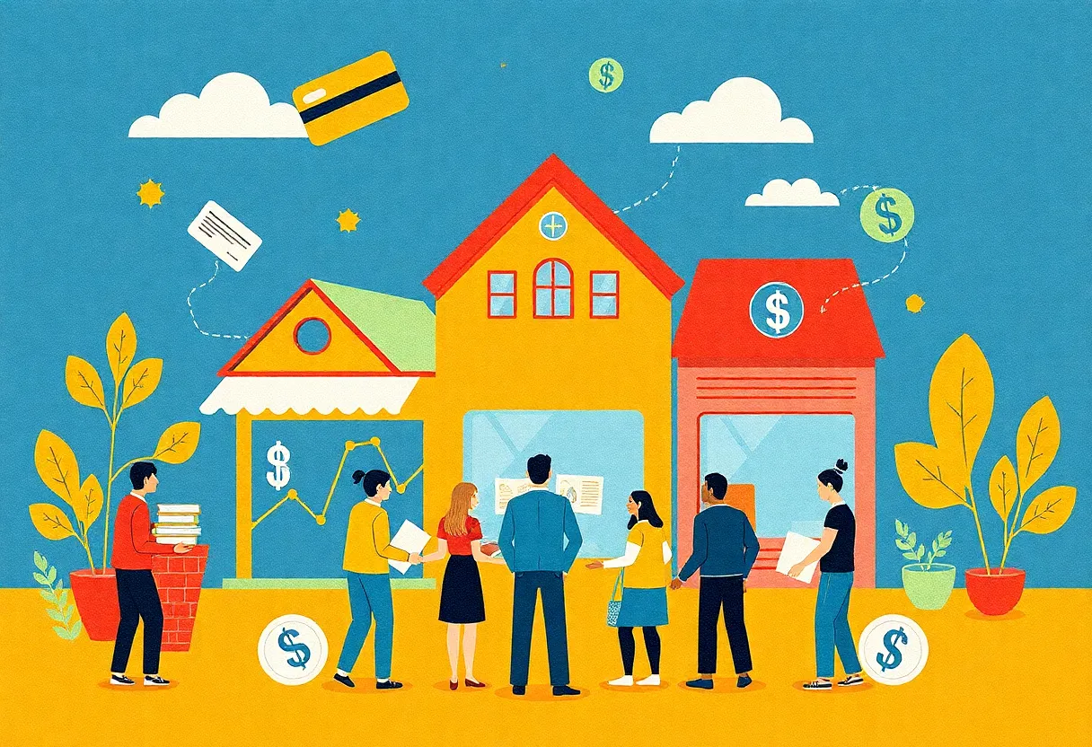 Illustration of small business owners advocating for reduced credit card processing fees.