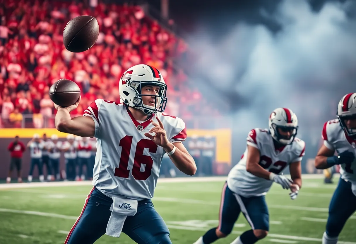Quarterback under pressure during a crucial game.