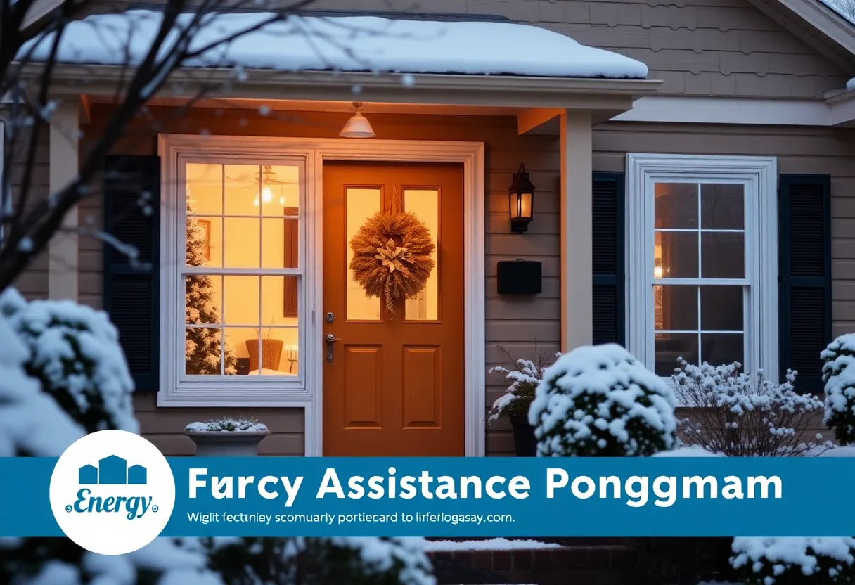 A cozy home in winter with snow outside, representing energy assistance