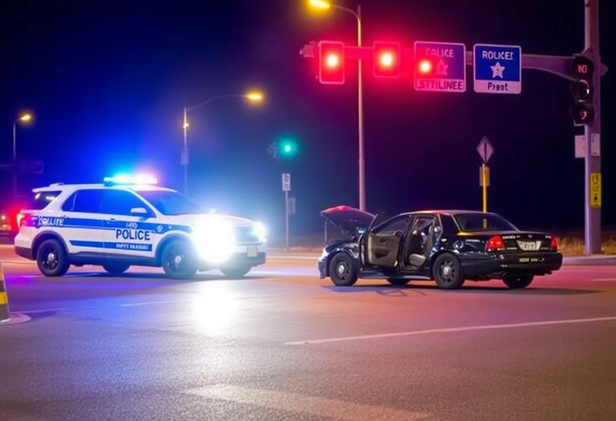 Intersection in Morganton with police vehicles at the scene of a car crash